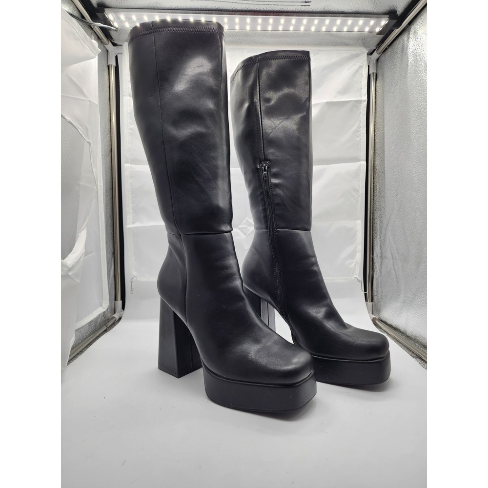 Black faux Leather Chunky Gogo 4" Heel Boots Square Toe Half Zip Bratz Style 10M